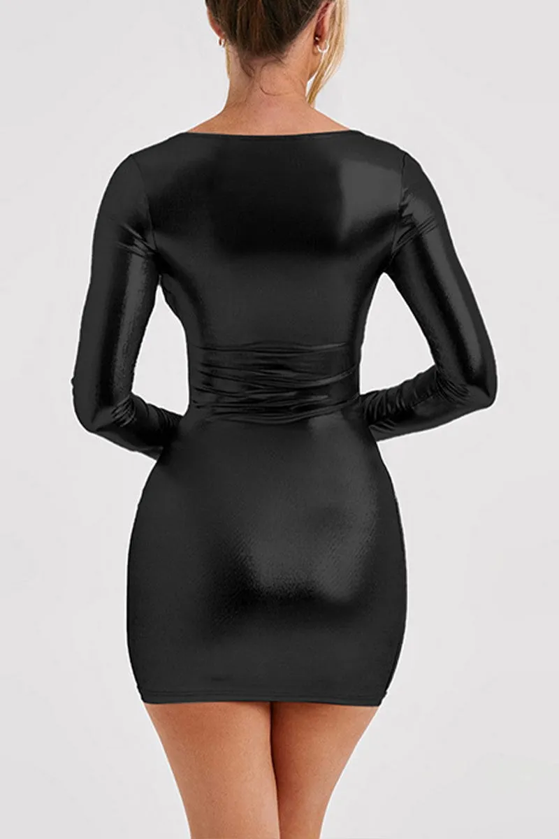 BI765 Round Neck Faux Leather Mini Dress