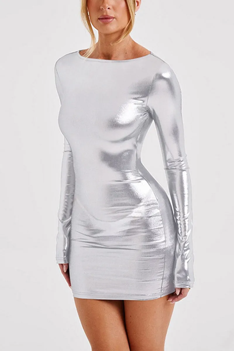 BI765 Round Neck Faux Leather Mini Dress