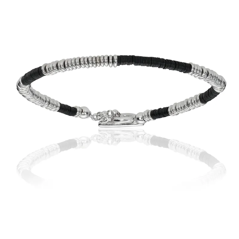 Black African Beaded Bracelet with White Gold