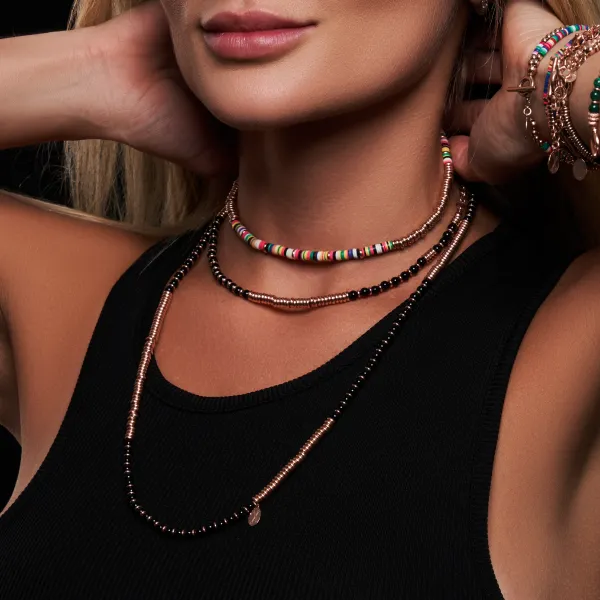 Black Agata Stone Beaded Necklace with 18K Yellow Gold beads