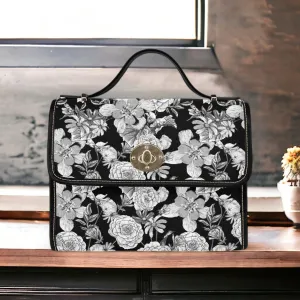 Black and White Roses Canvas Satchel bag, French floral crossbody purse, Boho Victorian Vegan leather trim whimsy cottagecore bag