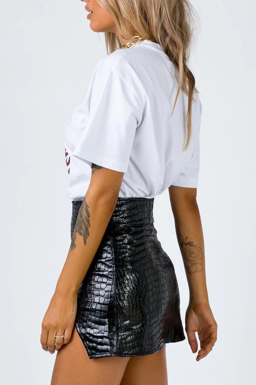Black Croc Print Faux Leather Mini Skirt