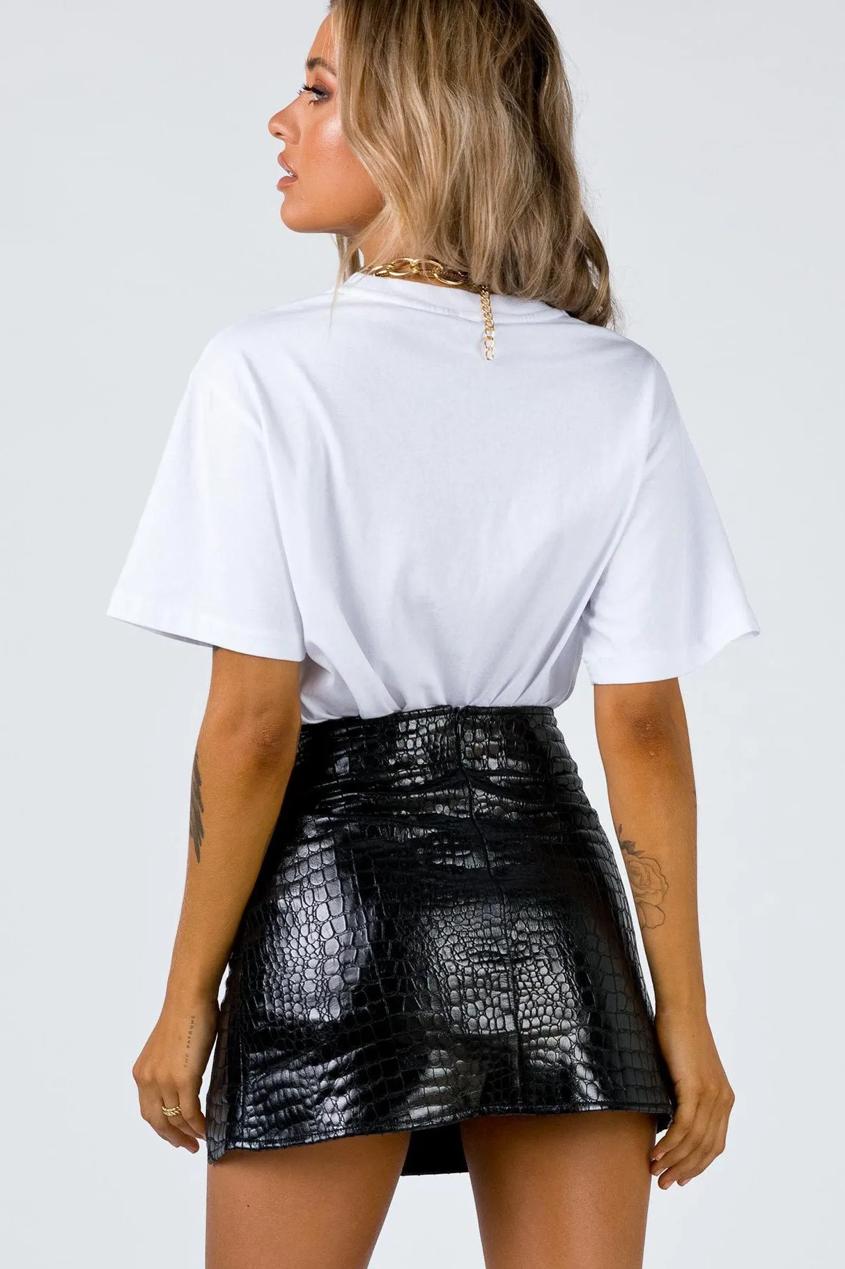 Black Croc Print Faux Leather Mini Skirt
