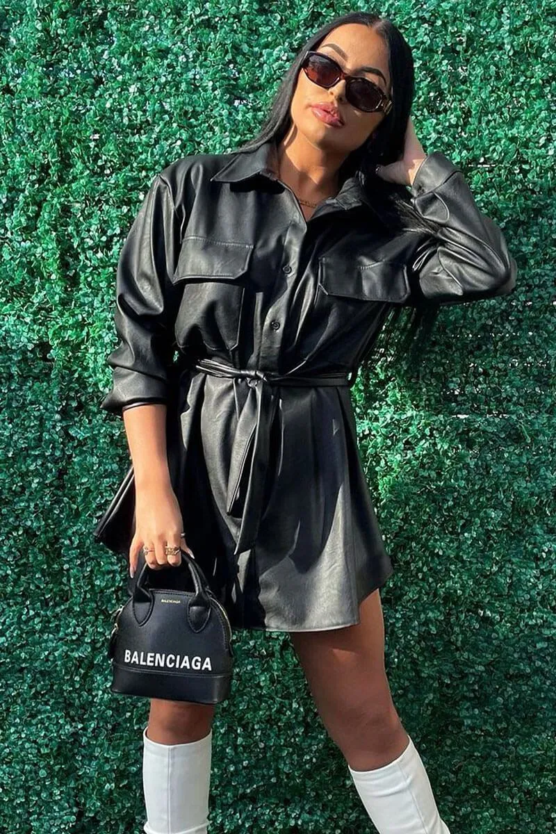 Black Faux Leather Belted Shirt Mini Dress - Alese