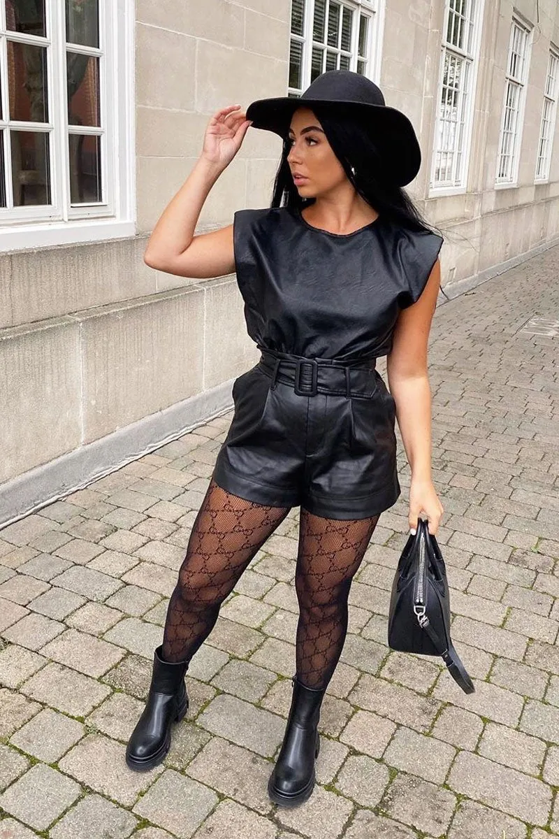 Black Faux Leather Buckle Belt Shorts - Tamra