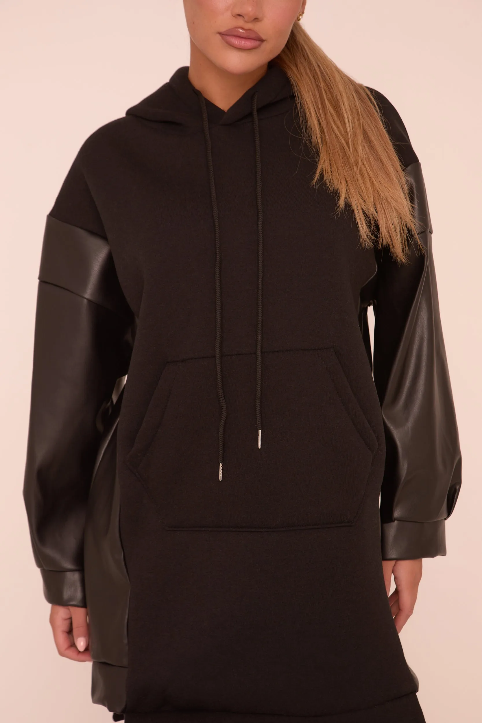 Black Faux Leather Long Sleeves Hooded Jumper Dress - Kary
