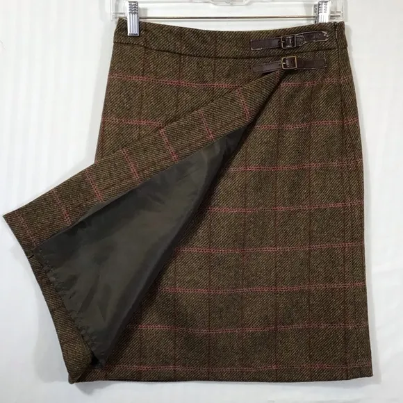 Boden Womens British Tweed 100% Wool Skirt Size 4L Tratan Plaid Faux Wrap Mini