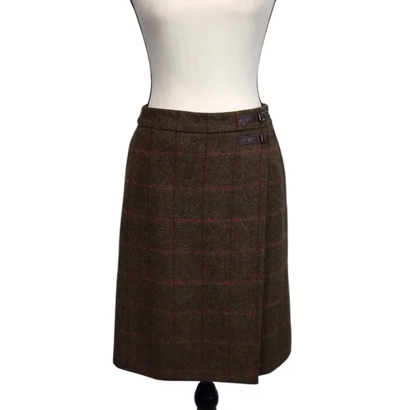 Boden Womens British Tweed 100% Wool Skirt Size 4L Tratan Plaid Faux Wrap Mini