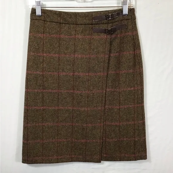 Boden Womens British Tweed 100% Wool Skirt Size 4L Tratan Plaid Faux Wrap Mini