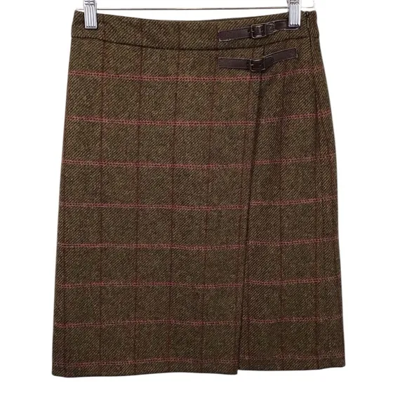 Boden Womens British Tweed 100% Wool Skirt Size 4L Tratan Plaid Faux Wrap Mini
