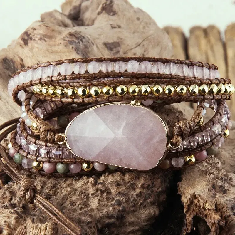 Boho & Mala Pink Stone 5 Wrap Bracelet WSB1011