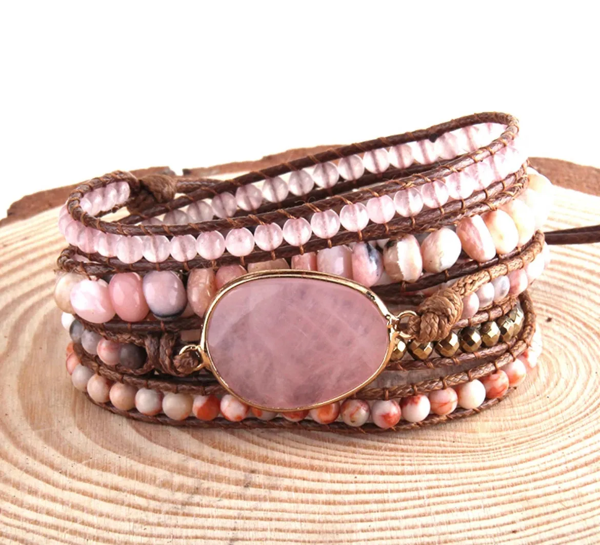Boho & Mala Rose Quartz Stone 5 Wrap Bracelet WB1006
