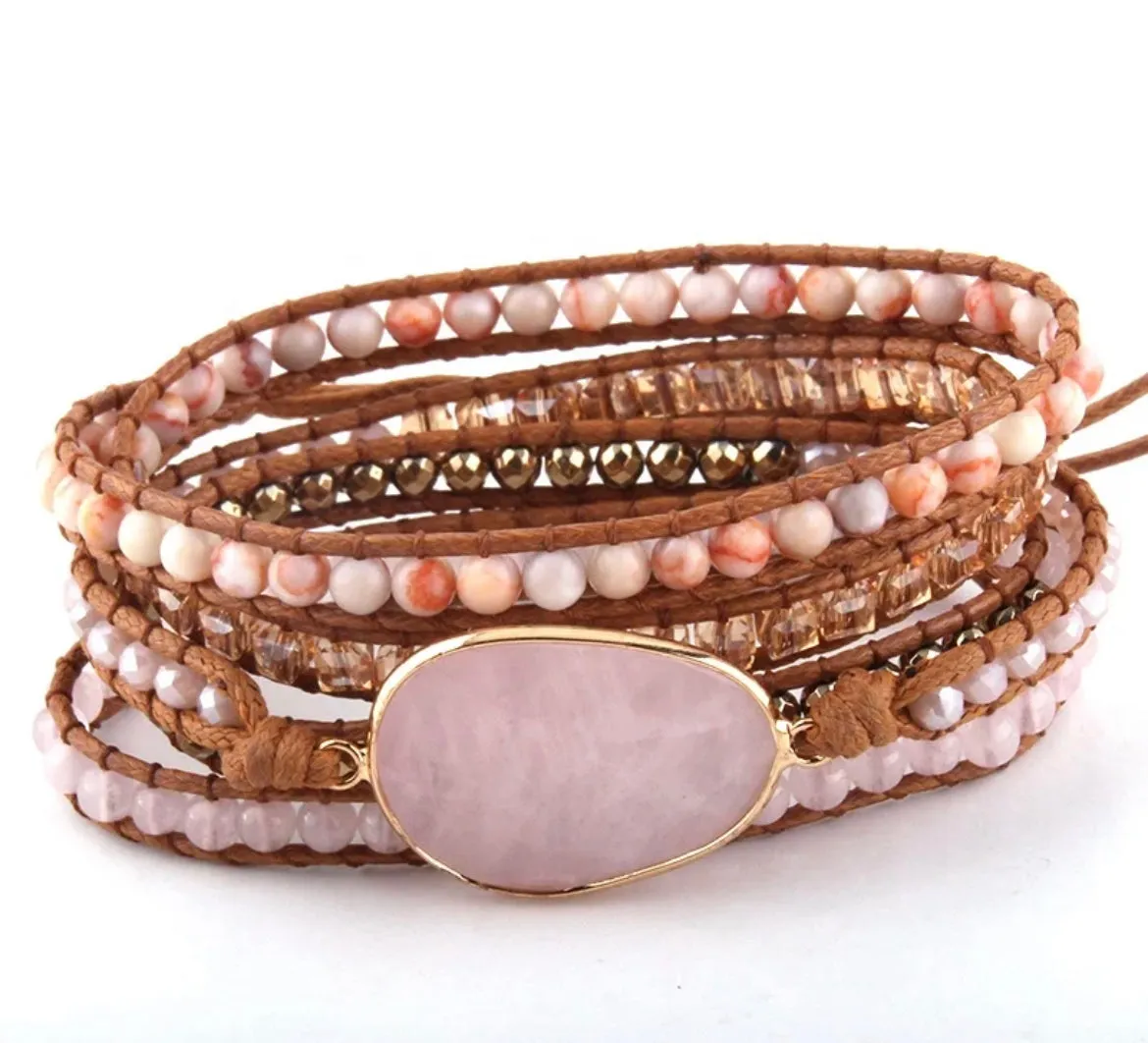 Boho & Mala Rose Quartz Stone 5 Wrap Bracelet WB1006