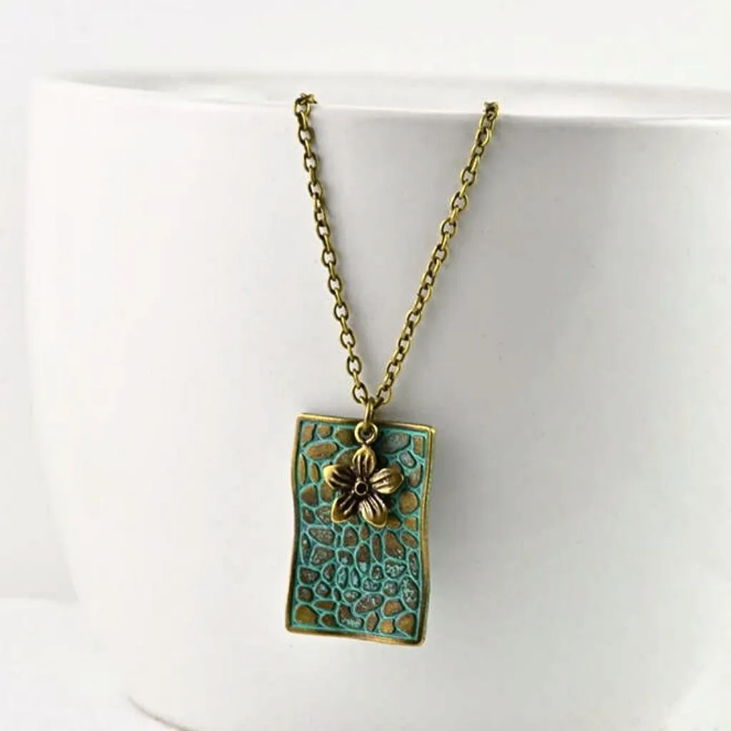 Bronze Rectangle Pendant Necklace With Verdigris Patina Detail