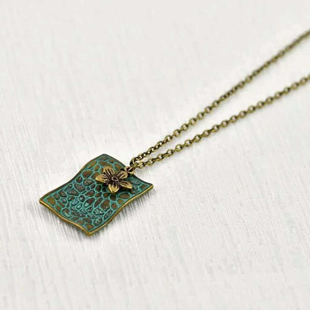 Bronze Rectangle Pendant Necklace With Verdigris Patina Detail