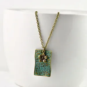 Bronze Rectangle Pendant Necklace With Verdigris Patina Detail