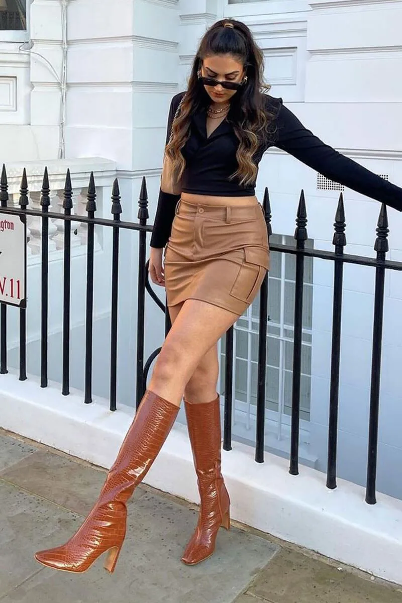 Camel Cargo Pocket Faux Leather Mini Skirt - Taylia