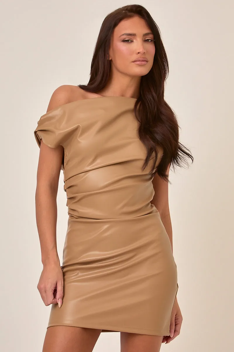 Camel Off Shoulder Faux Leather Mini Dress - Kezia