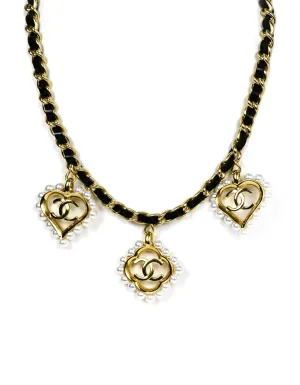 Chanel 2019 Leather Laced Chain Necklace w/ Pearl CC Heart & Flower Charms