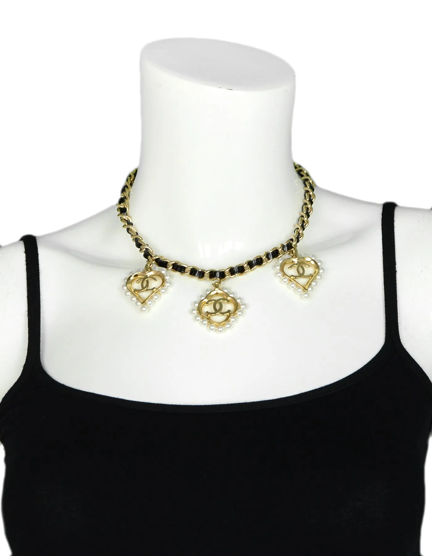 Chanel 2019 Leather Laced Chain Necklace w/ Pearl CC Heart & Flower Charms