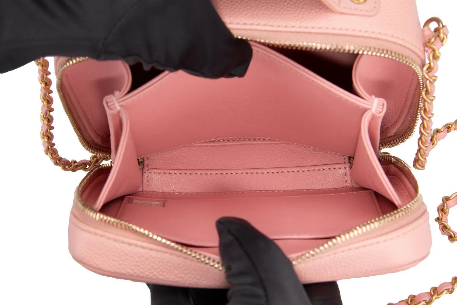 Chanel Mini Filigree in Pink Caviar leather and Gold chain