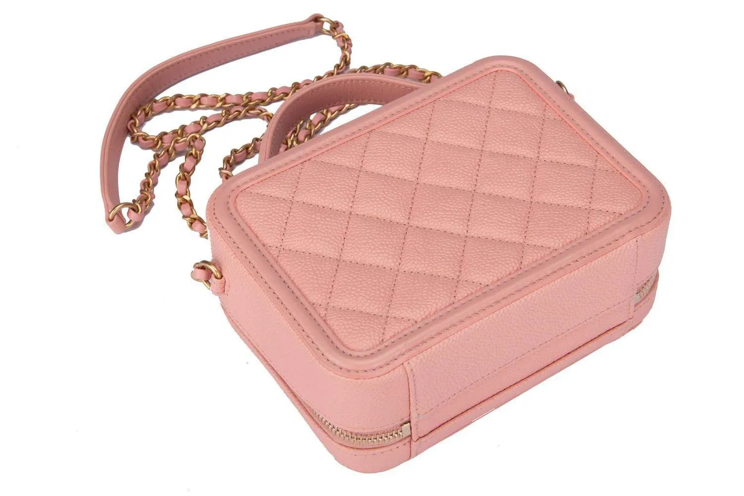 Chanel Mini Filigree in Pink Caviar leather and Gold chain