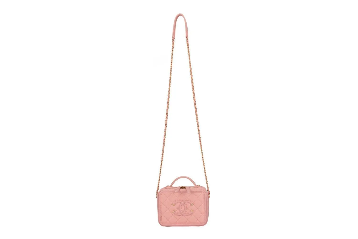 Chanel Mini Filigree in Pink Caviar leather and Gold chain