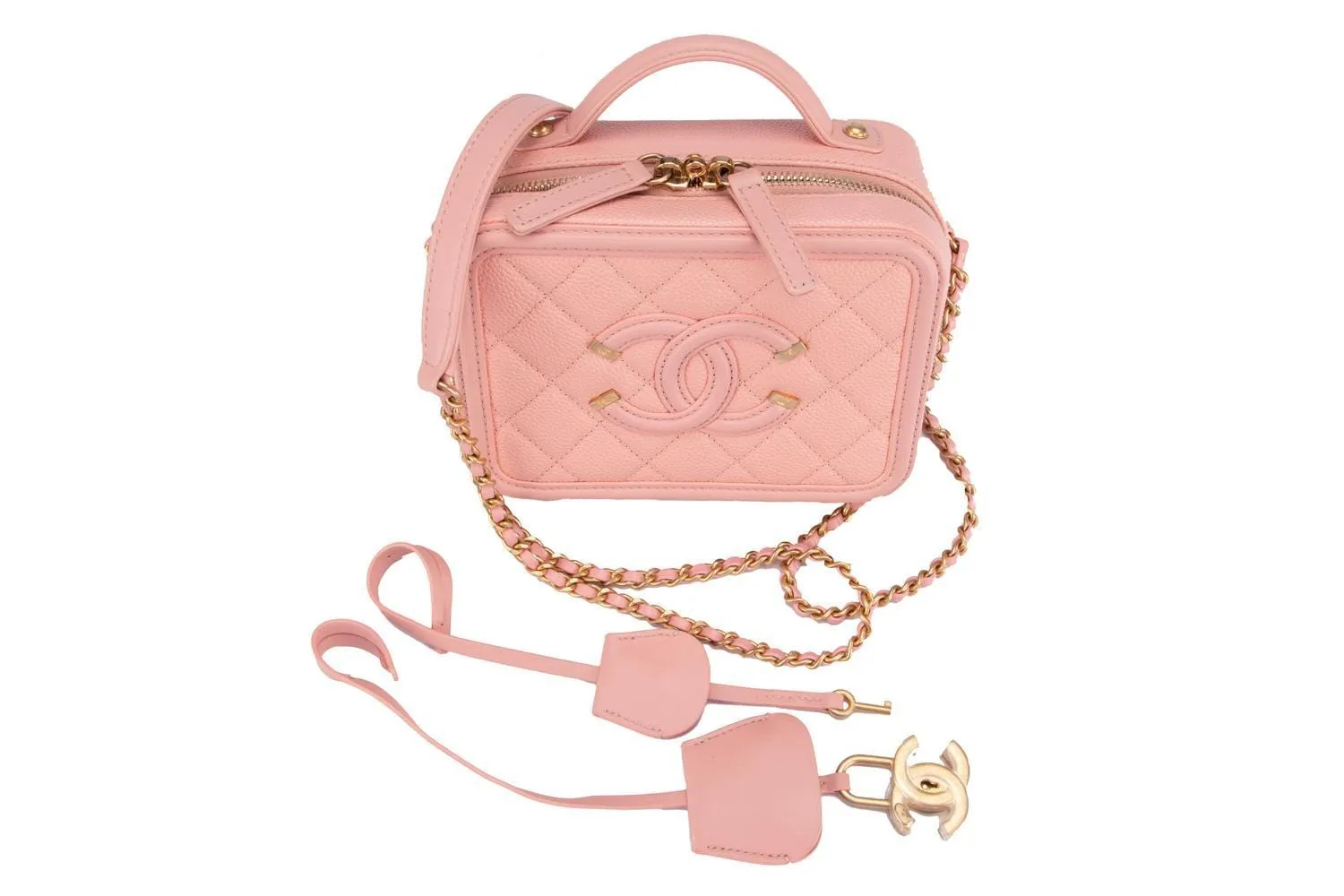 Chanel Mini Filigree in Pink Caviar leather and Gold chain