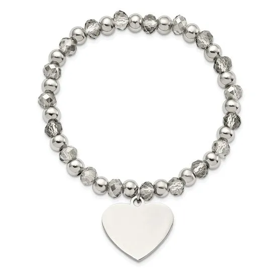 Chisel Stainless Steel Heart Dangle 6mm Grey Glass Beaded Stretch Bracelet