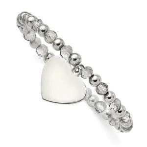 Chisel Stainless Steel Heart Dangle 6mm Grey Glass Beaded Stretch Bracelet