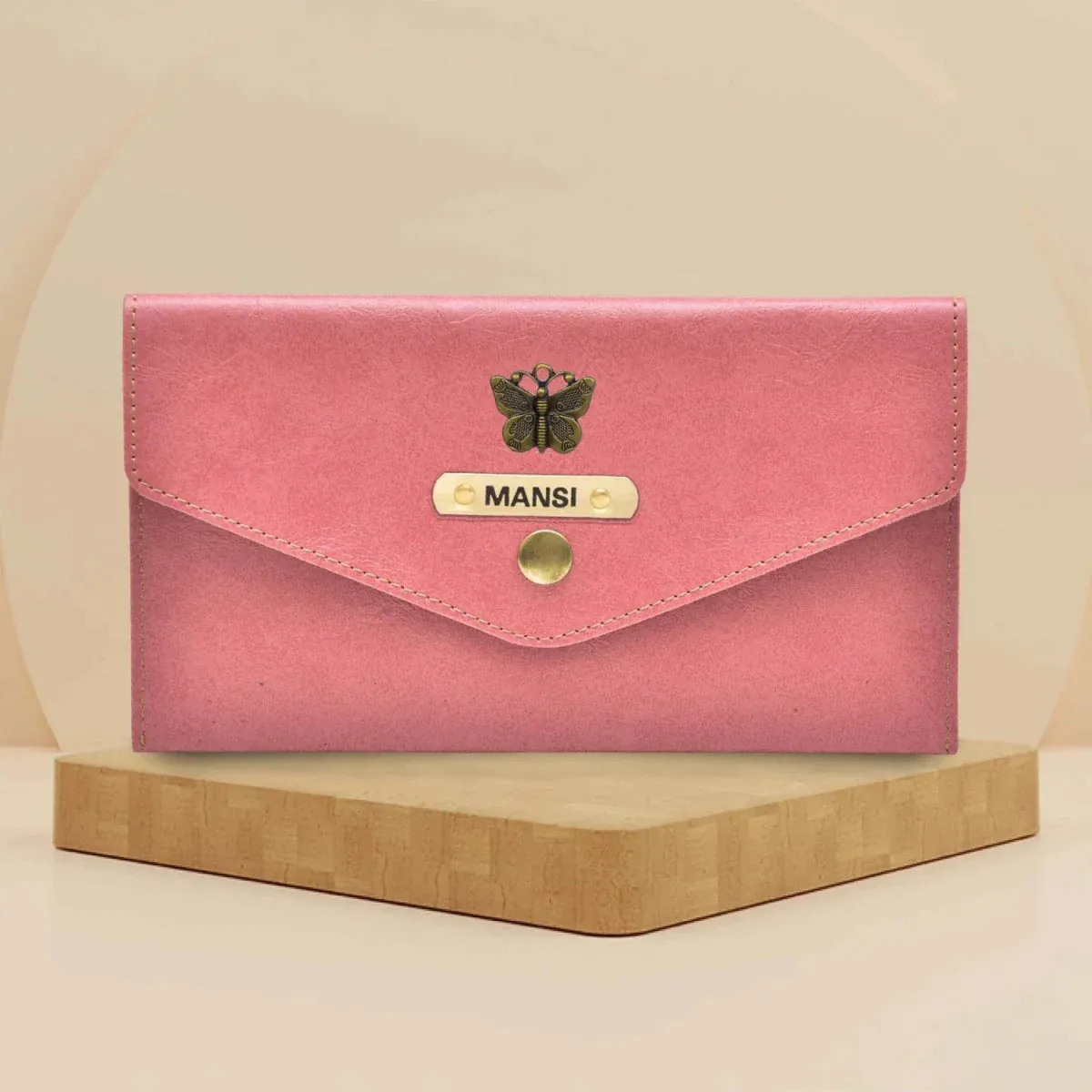 Classy Leather Customized Minimal Clutch with Charm (Peach)