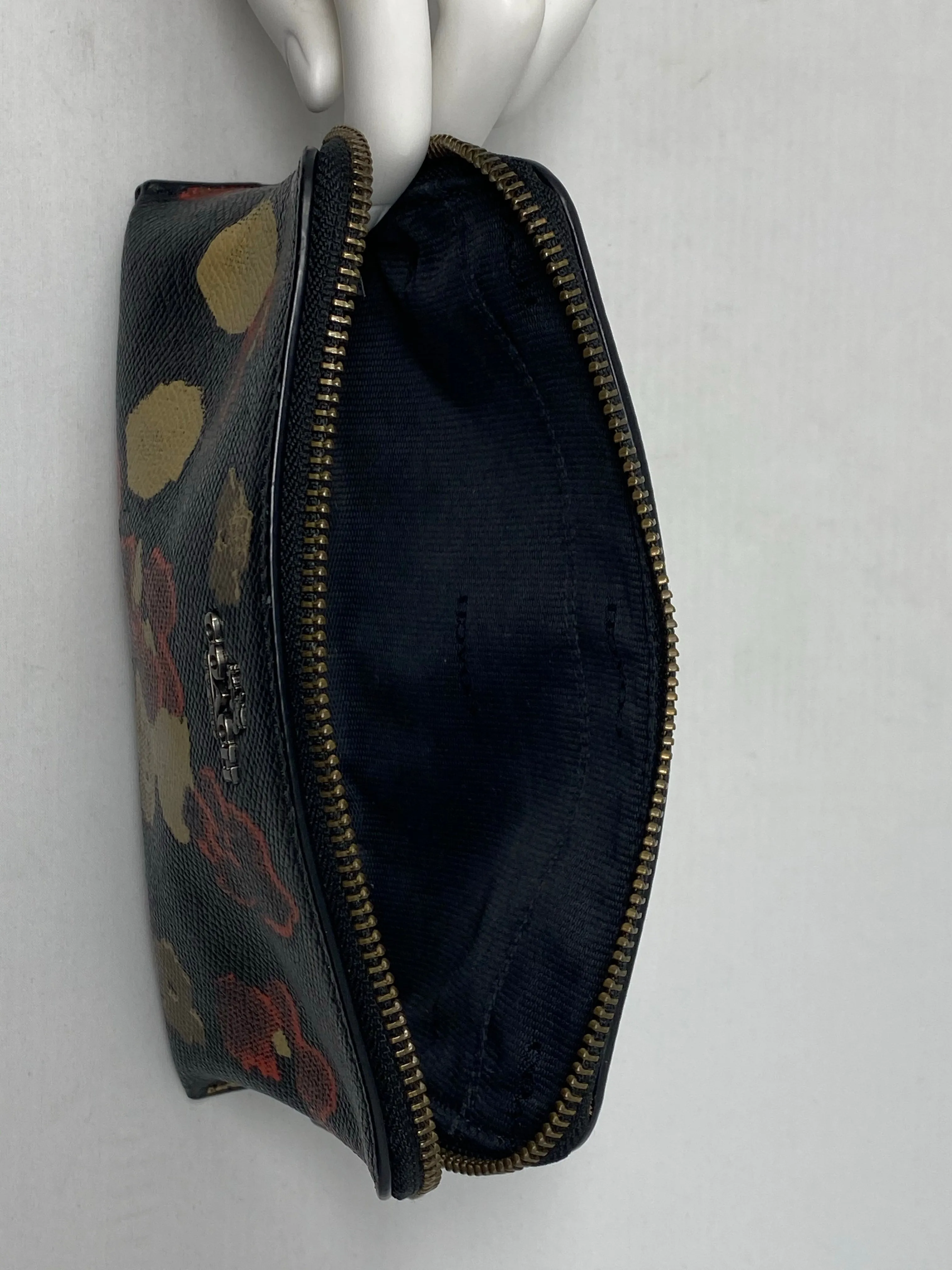 Coach Black Leather Beige and Red Floral Printed Pouch