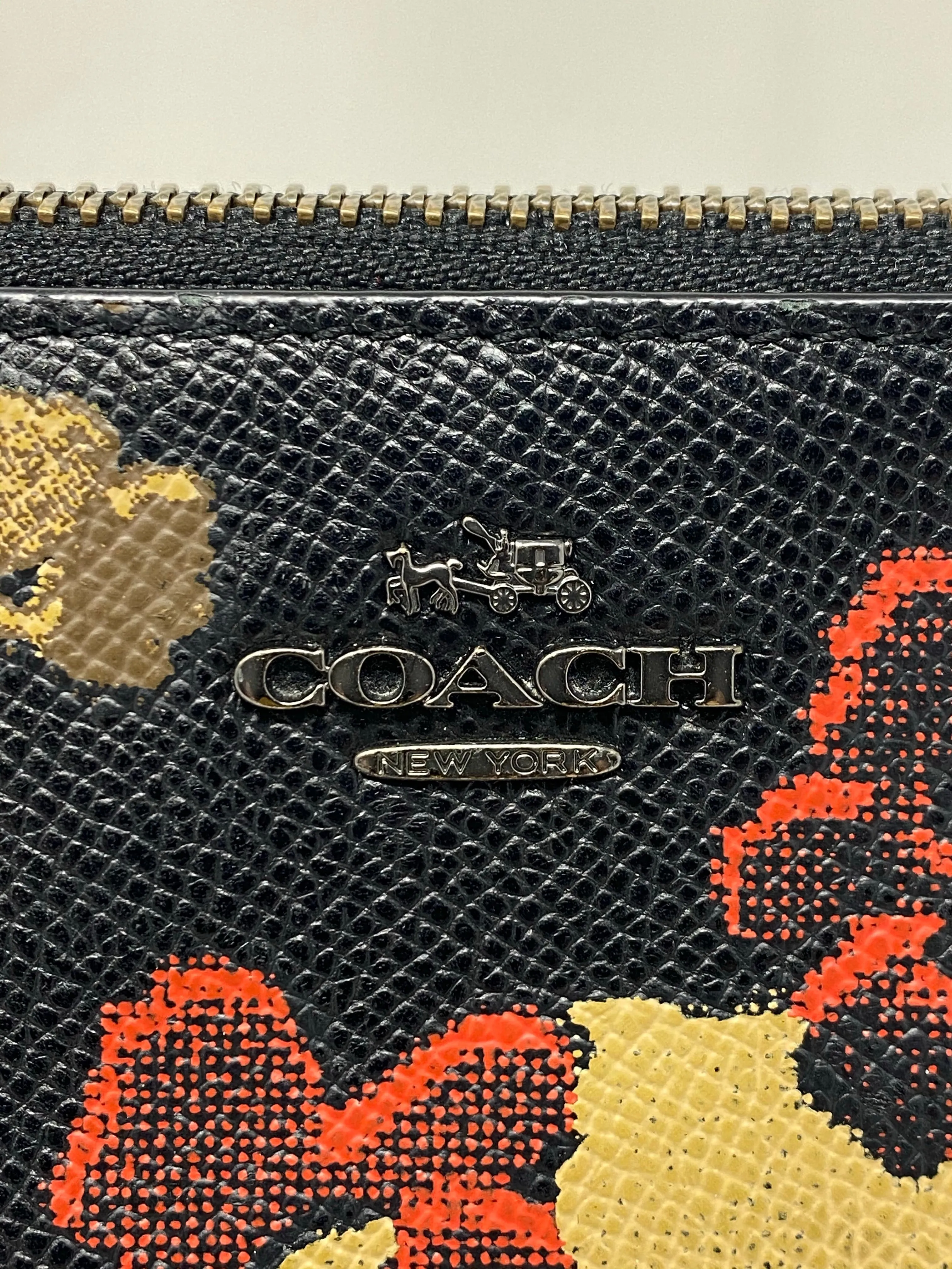 Coach Black Leather Beige and Red Floral Printed Pouch