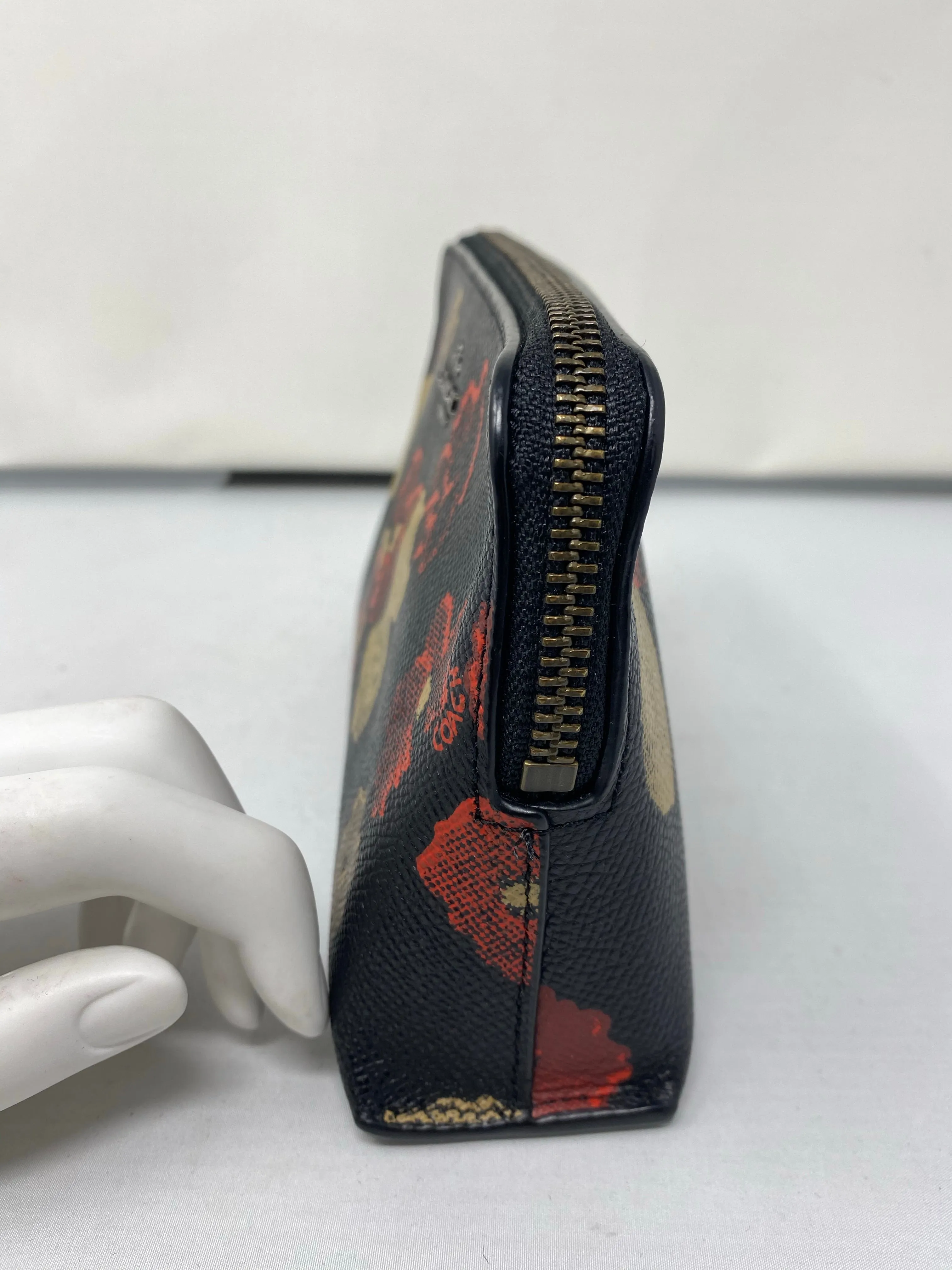 Coach Black Leather Beige and Red Floral Printed Pouch