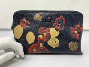 Coach Black Leather Beige and Red Floral Printed Pouch