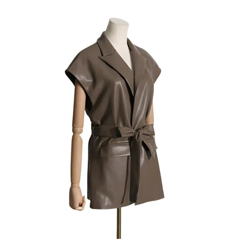 Collared V Neck Wrap Faux Leather Mini Dress