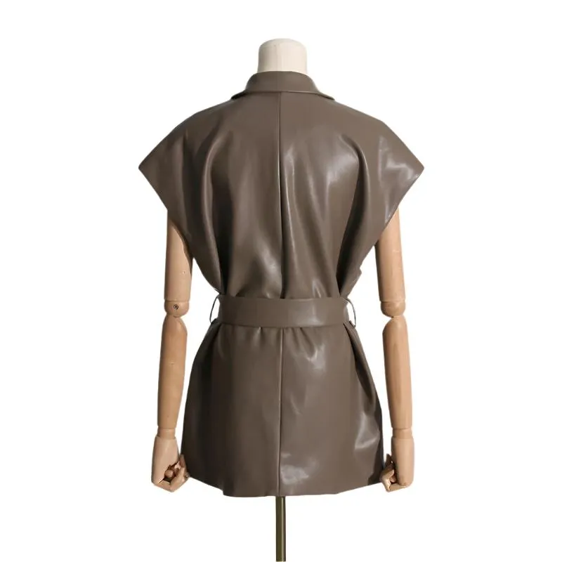 Collared V Neck Wrap Faux Leather Mini Dress