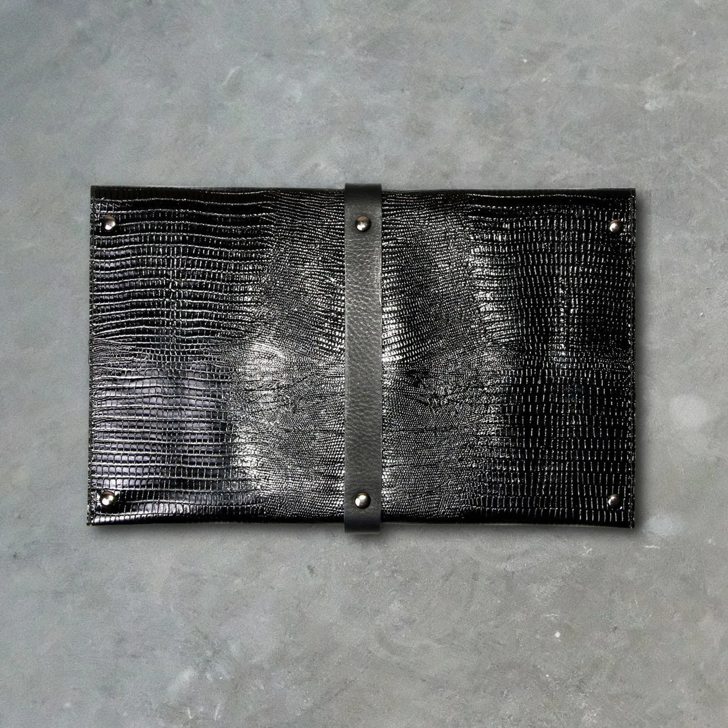 Convict Mary Clutch, Black Snake Print Leather