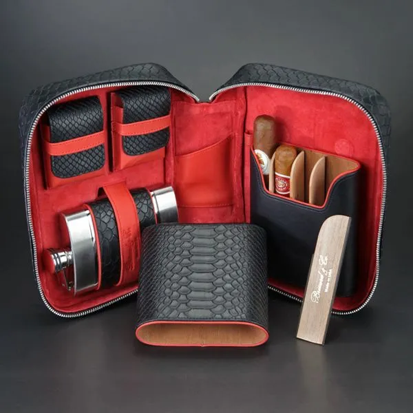 Copy of Brizard and Co Havana Traveler in Black Python Pattern and Red Leather with cutter