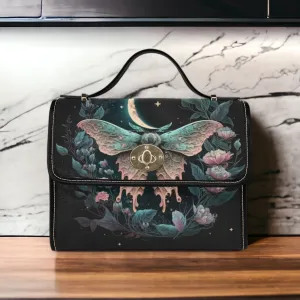 Cottagecore Moth and Moon Phases Canvas Satchel Bag, Witch Moon Phases Crossed body vegan leather strap hand bag, goth bag hippies boho gift