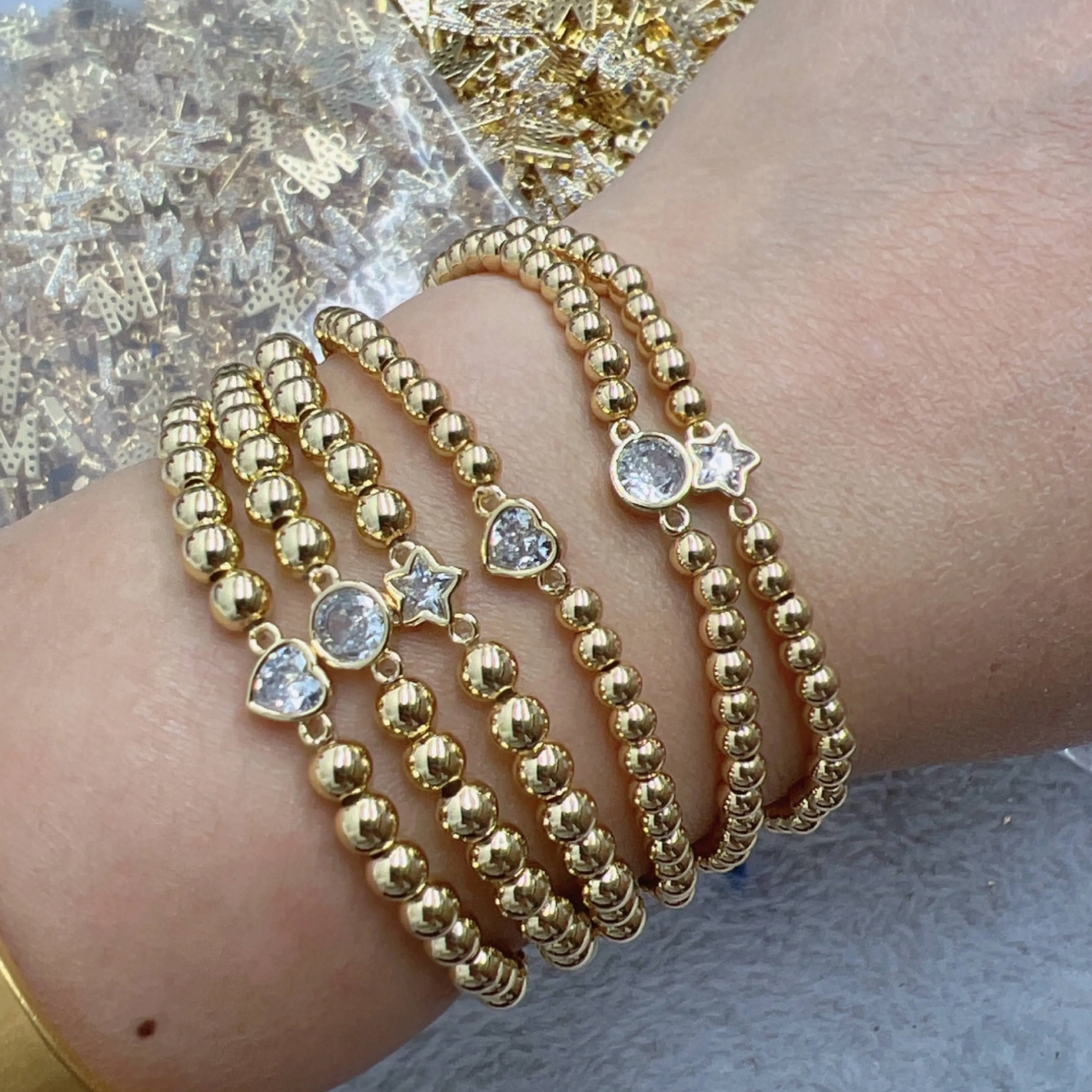 CZ Charm Stretch 5 mm Beaded Bracelet - 14k Gold Plated