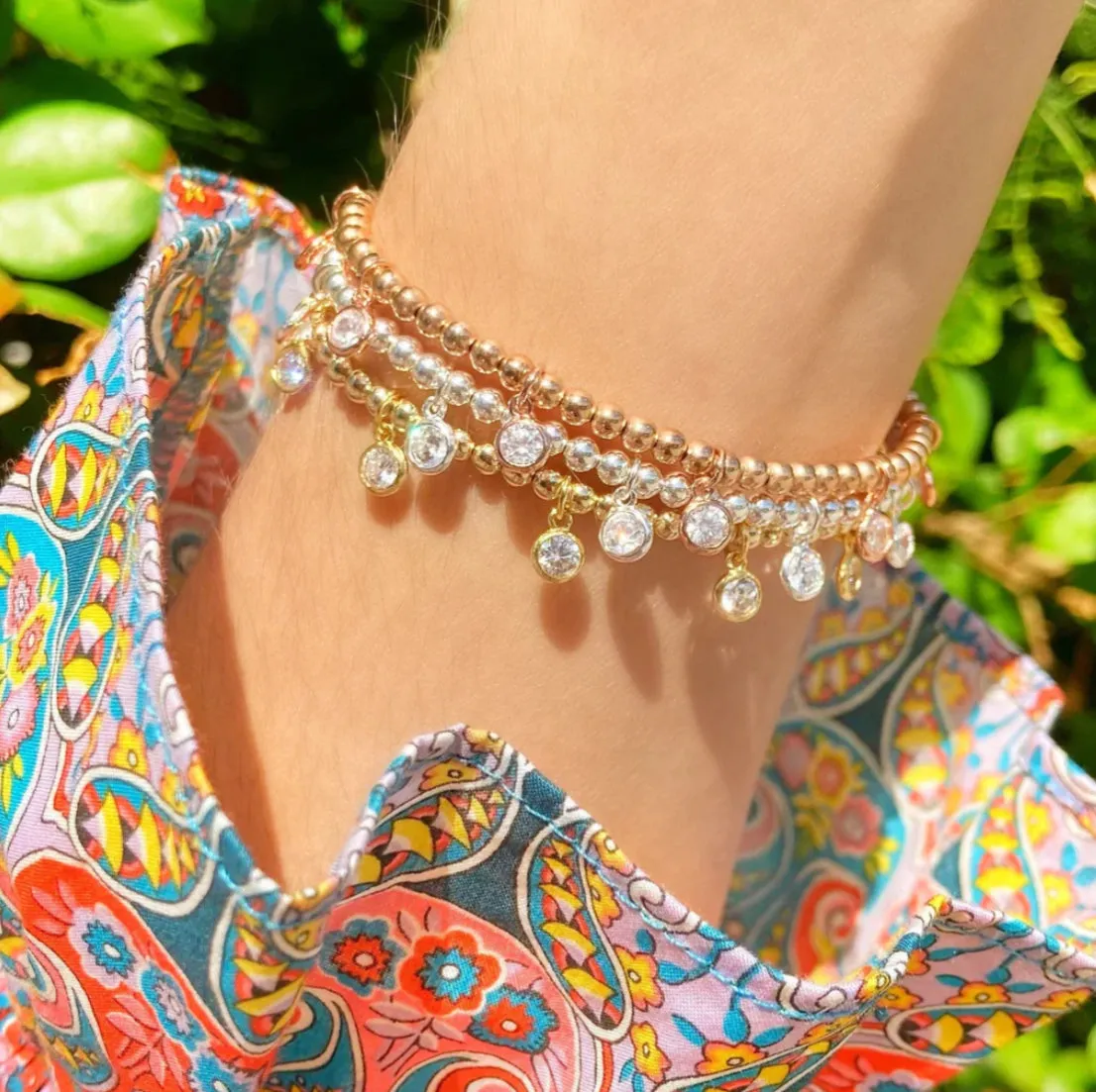 CZ Dangling Charm Beaded Bracelet - 18K Gold Plated.
