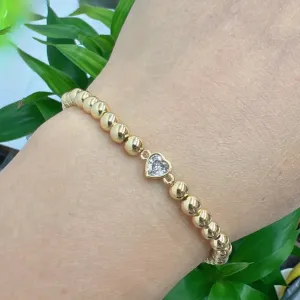 CZ Heart Stretch 5 mm Beaded Bracelet - 14k Gold Plated