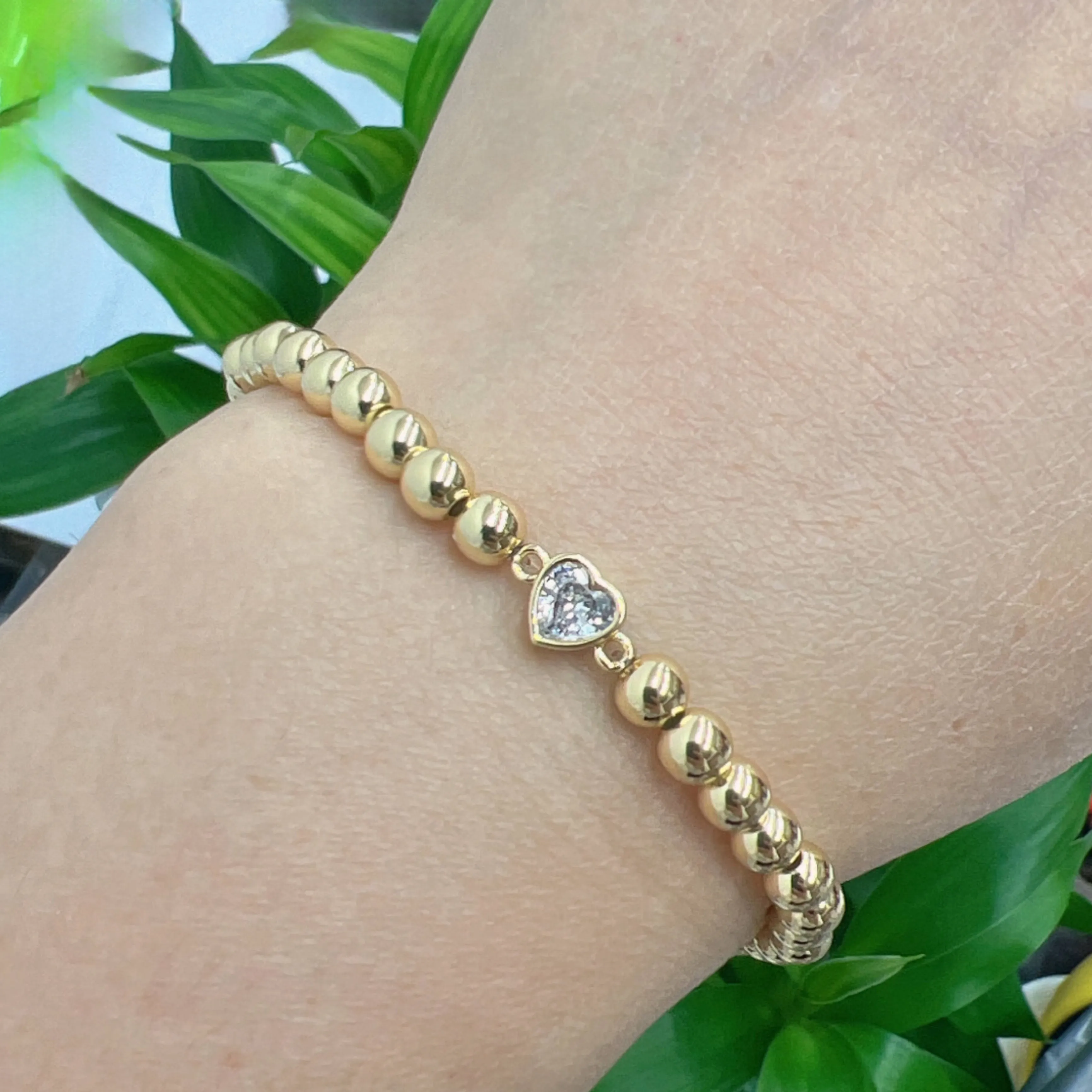 CZ Heart Stretch 5 mm Beaded Bracelet - 14k Gold Plated