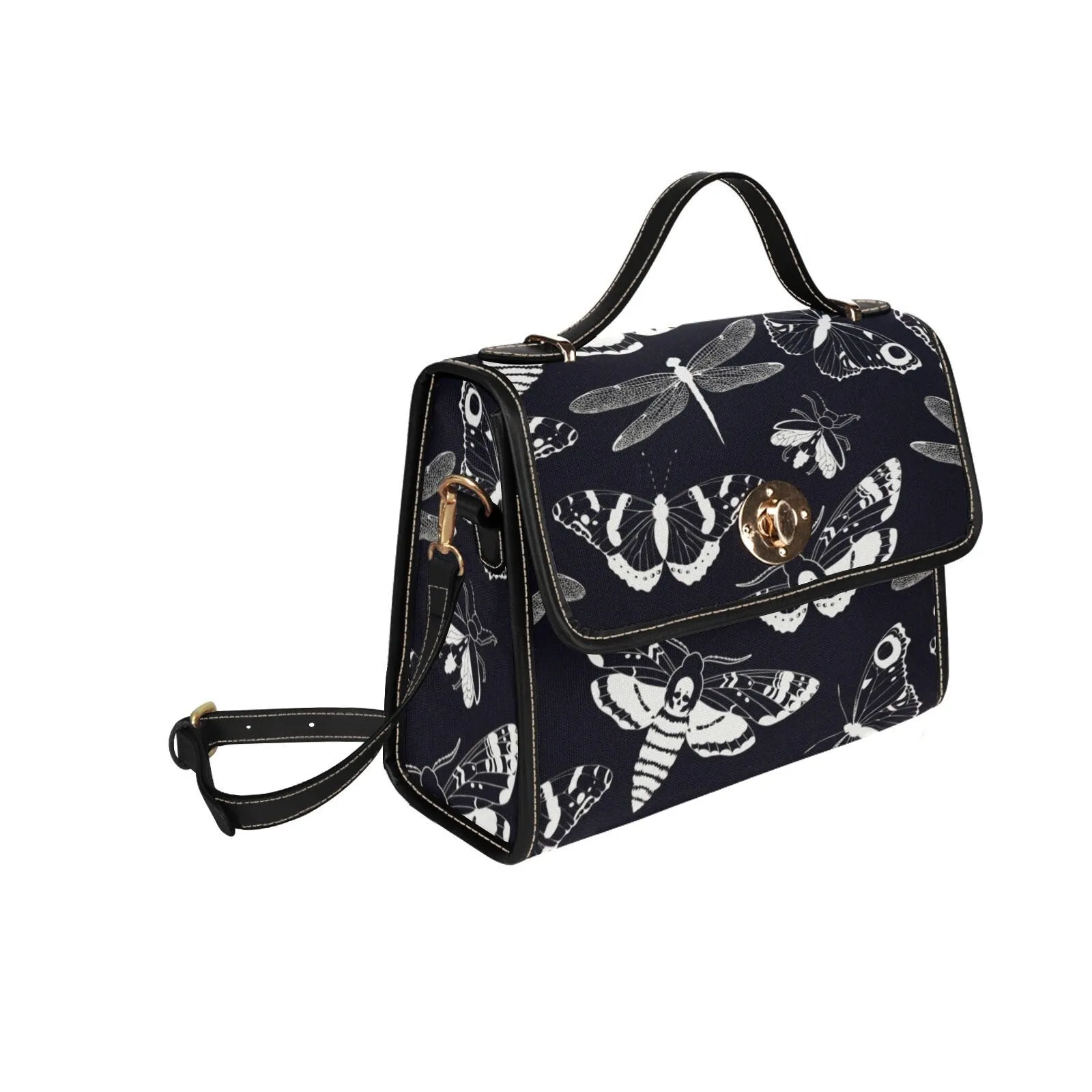 Dark academia Gothic Spooky night Flying Moths Canvas Satchel bag, Goth Chic Crossbody Purse, Mystical Halloween fashion witchy handbag gift