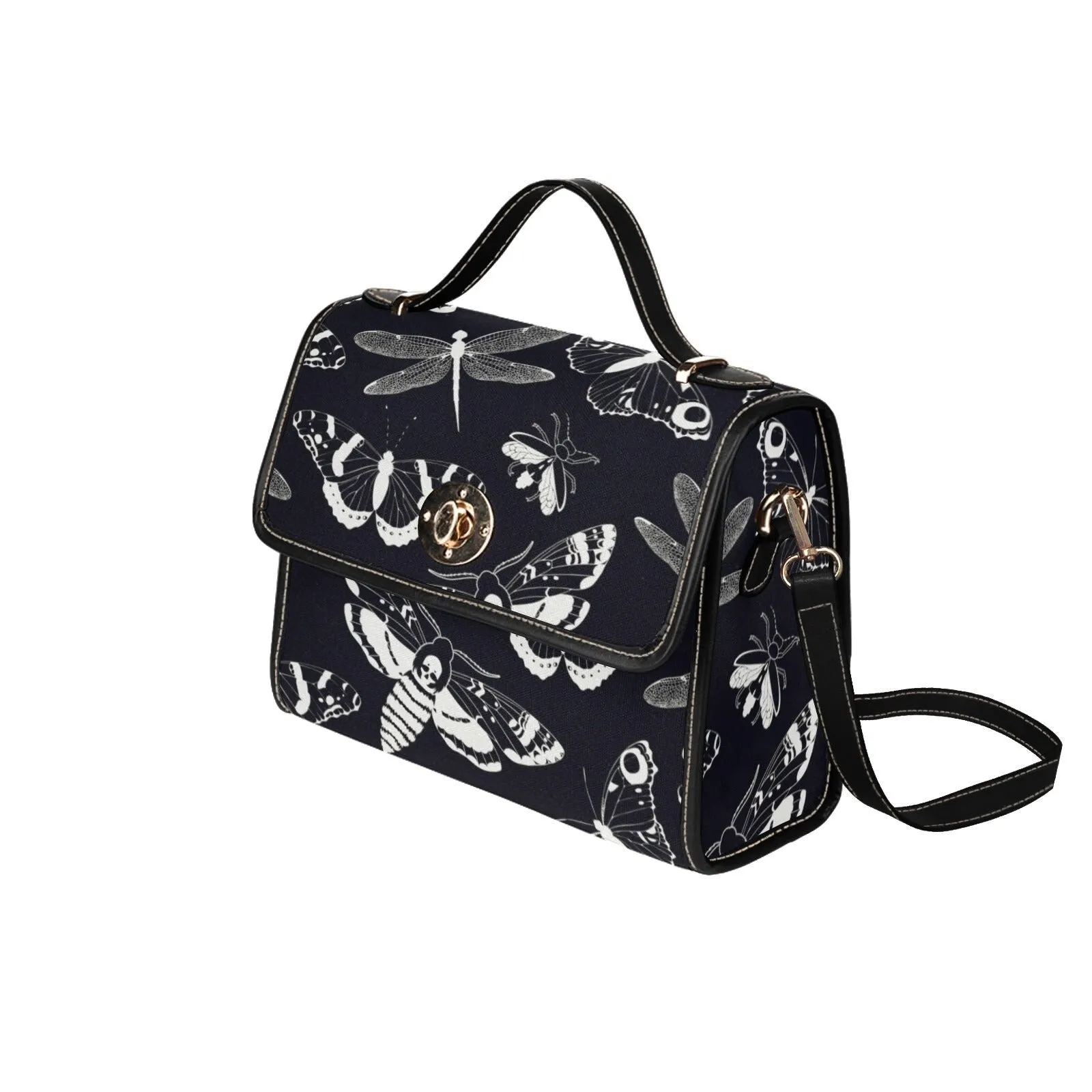 Dark academia Gothic Spooky night Flying Moths Canvas Satchel bag, Goth Chic Crossbody Purse, Mystical Halloween fashion witchy handbag gift