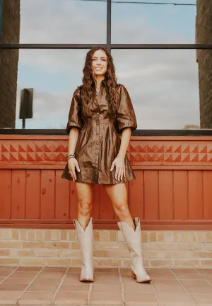 Dark Brown Button Down Faux Leather Mini Dress LD2108