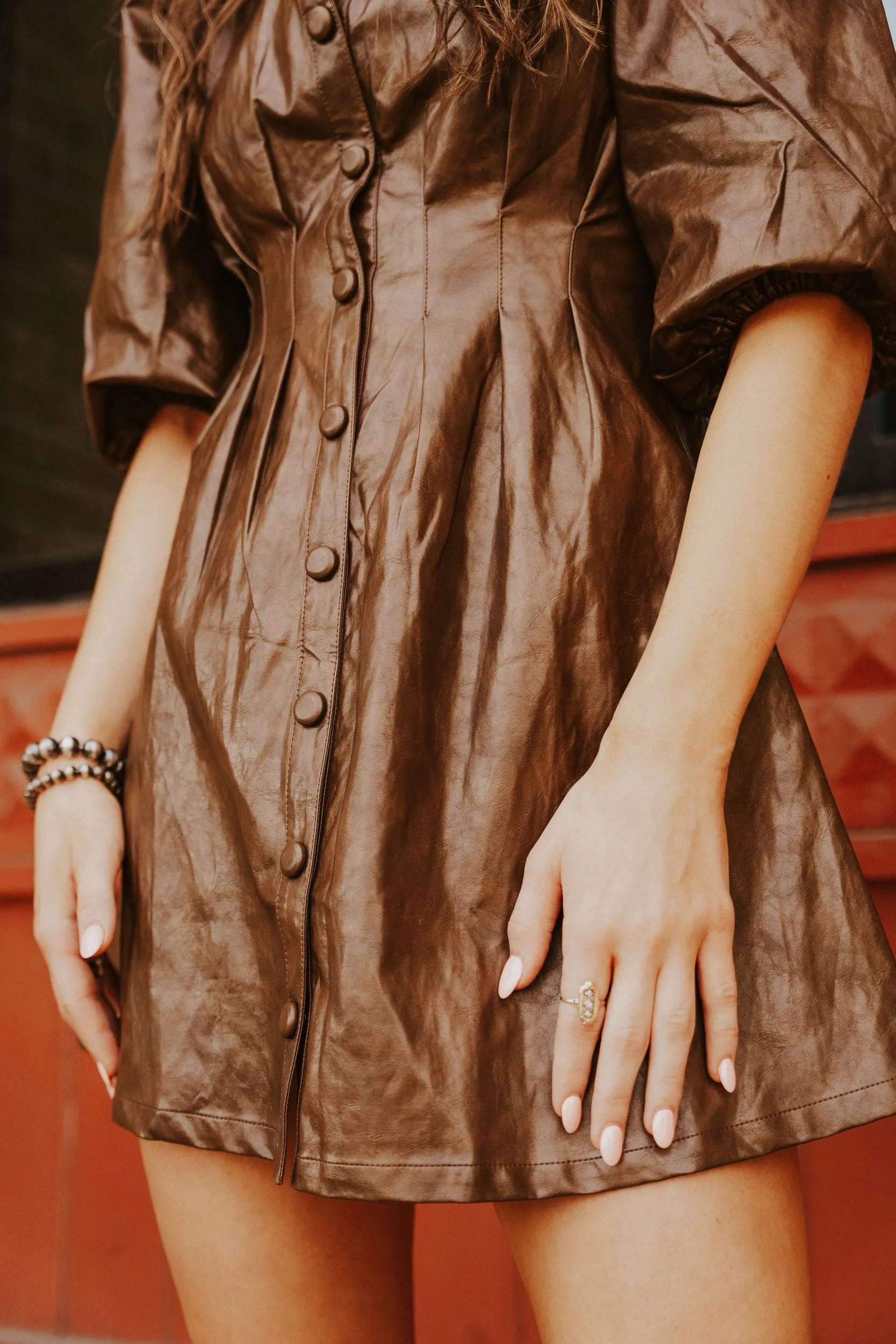 Dark Brown Button Down Faux Leather Mini Dress LD2108