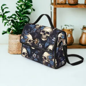 Dark Skull Boho Halloween Canvas Satchel bag, Cottagecore witch crossbody purse, cute vegan leather strap goth bag, hippie boho gift handbag