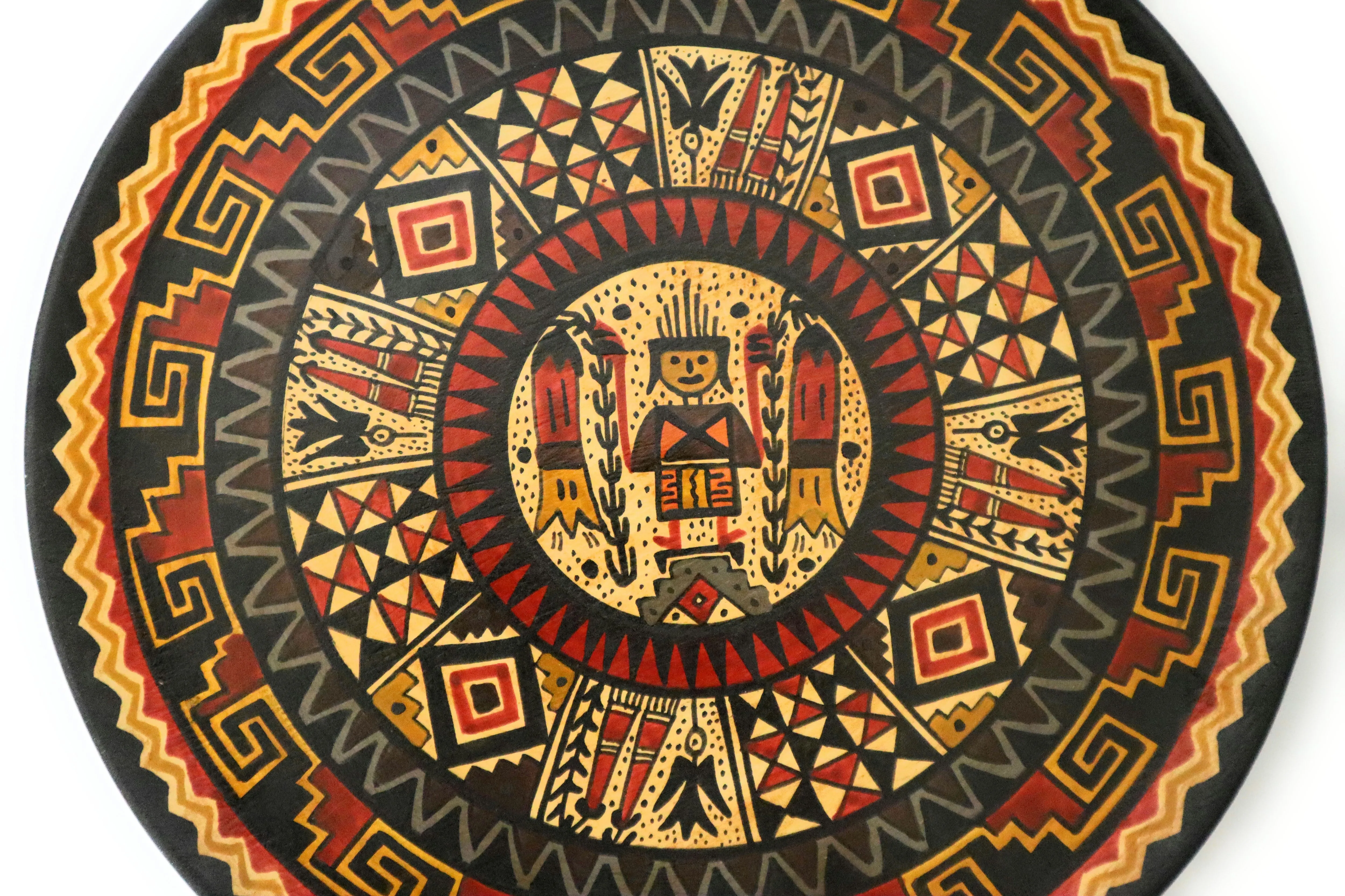 Decorative Wood Plate. Handpainted Multicolor. The Inca and Kantu Flower 9.51" Diameter